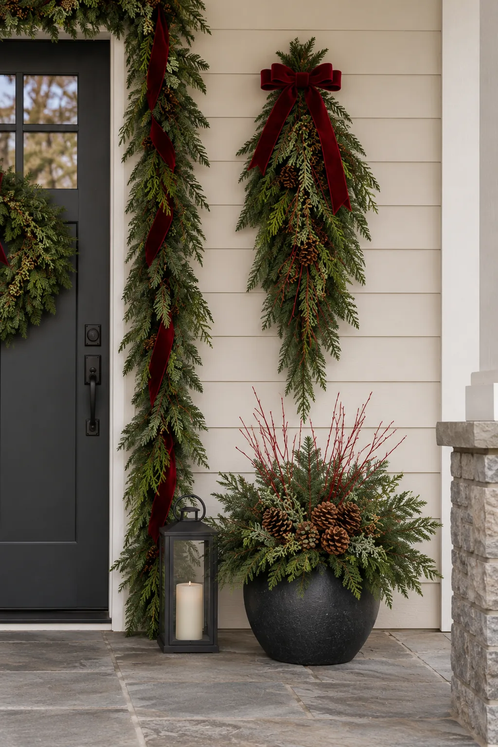 Close illustration of the separate door swag above a winter porch pot and a black lantern with a battery candle