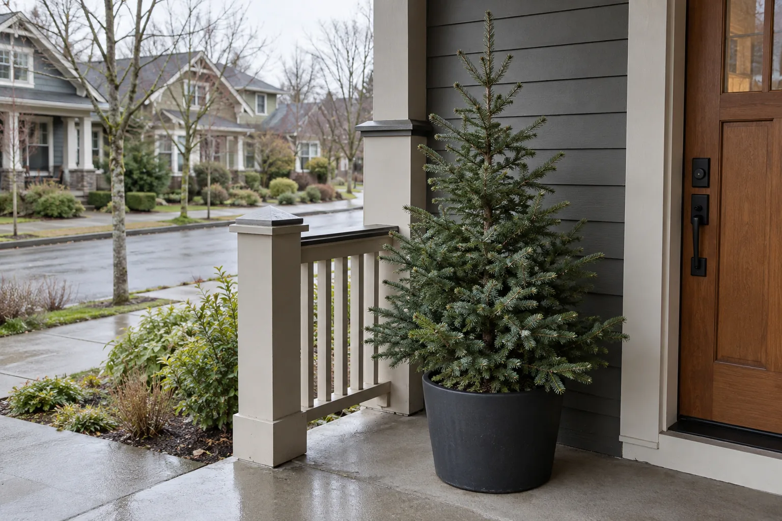 One living fir tree in a dark container on a neighborhood porch.