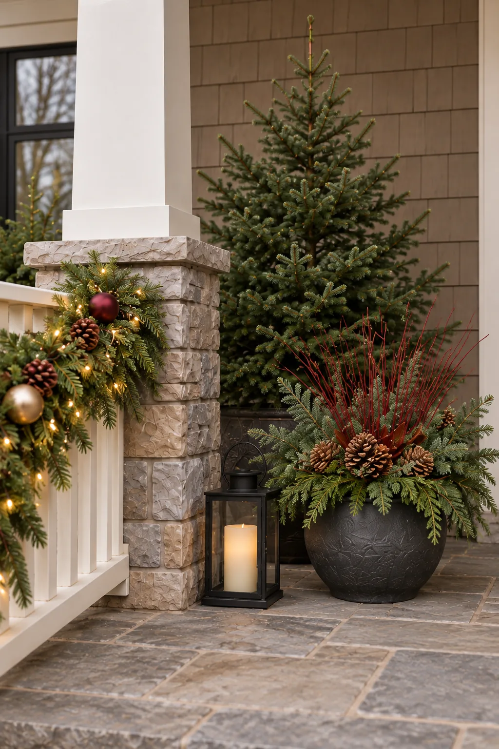 Close illustration of a potted fir tree behind a winter porch pot, a lantern and warm-lit garland wrapped along a porch railing