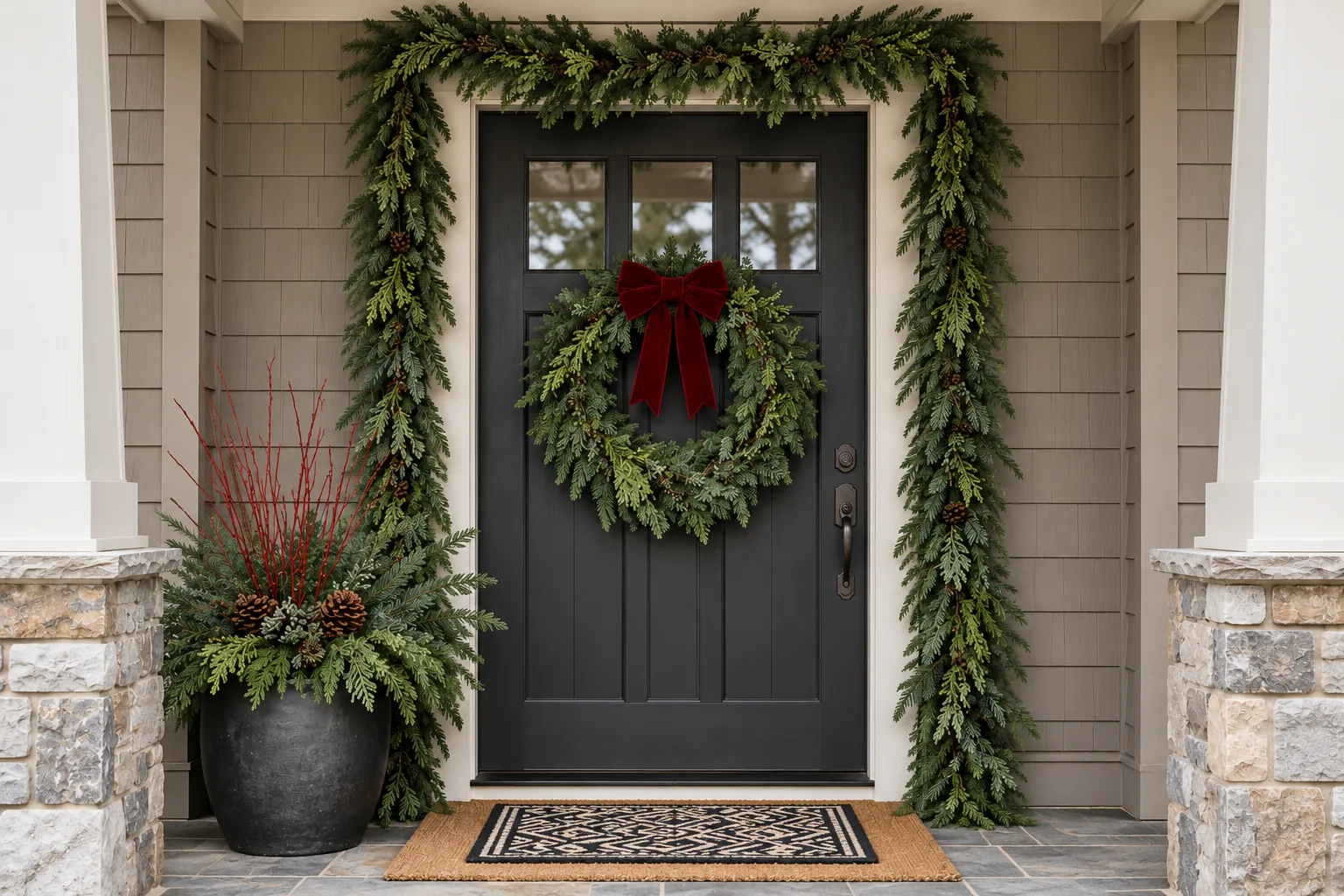 Dark front door with a fresh fir wreath and burgundy velvet bow, framed by garland, beside a winter pot of red twigs.