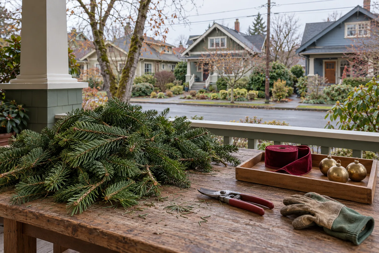 Noble fir cuttings separated from reusable ribbon and ornaments on a porch workbench overlooking a residential street.