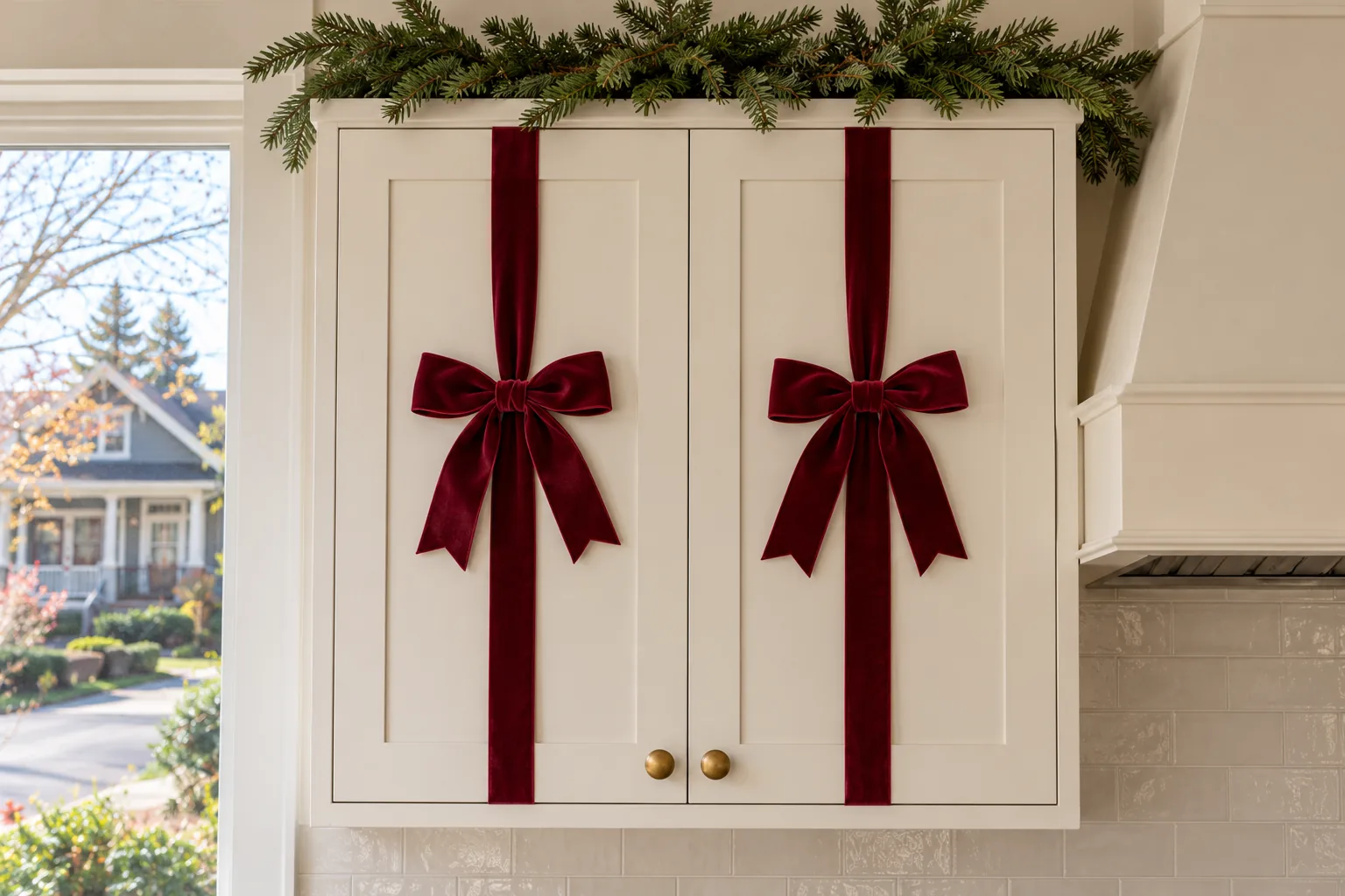 Two individual ivory upper cabinet doors, each wrapped with its own burgundy velvet ribbon and bow.