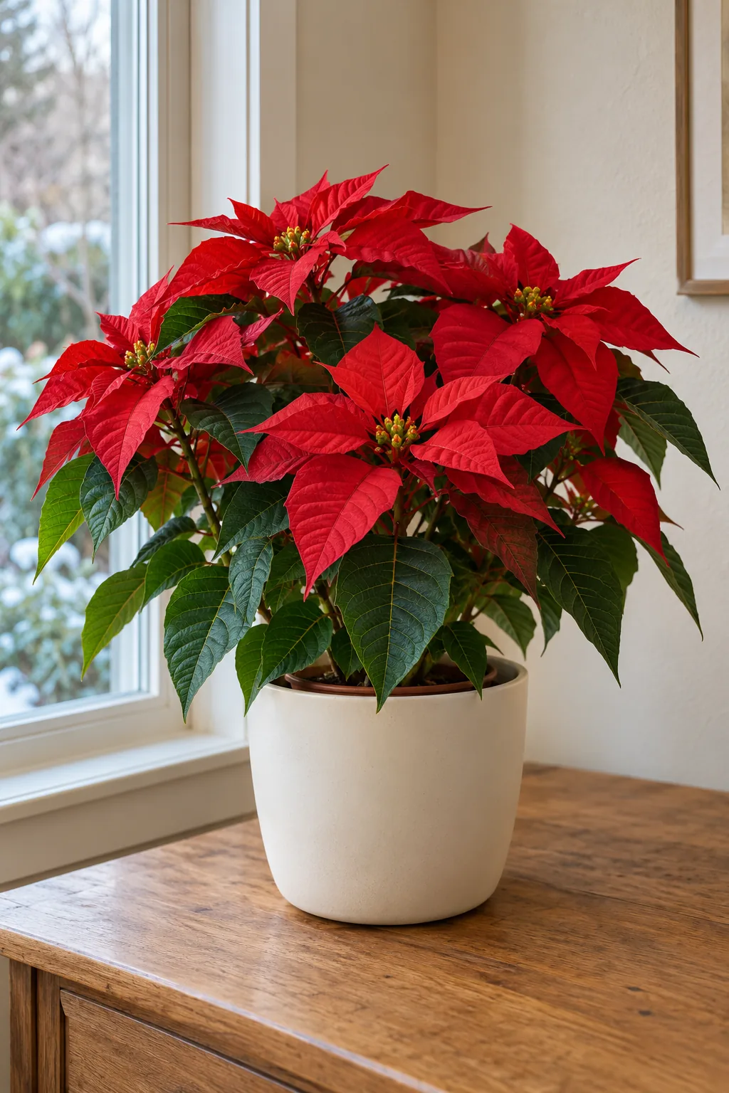 Red poinsettia in an ivory pot on a wood console indoors.