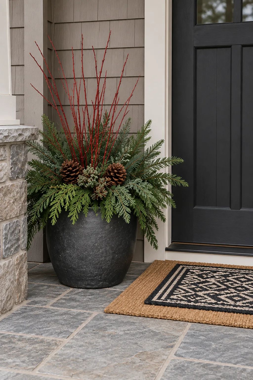 Close illustration of a single winter porch pot with red twig and pinecone accents beside a layered doormat