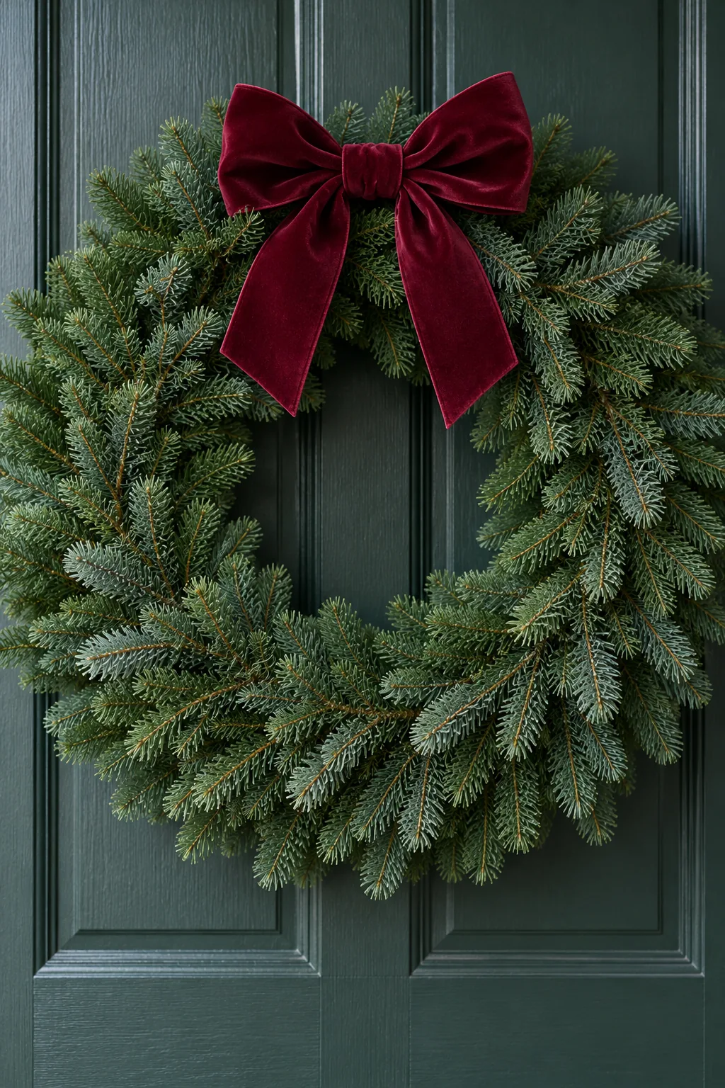 Burgundy velvet bow nestled into a fresh evergreen wreath on a dark green door.